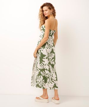 vestido midi sem alça com linho folhagem verde