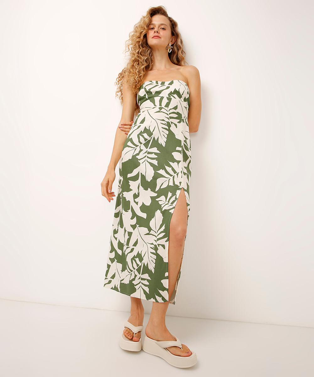 vestido midi sem alça com linho folhagem verde