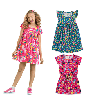 Kit 3 vestidos verão infantil menina Mundo Encantado Molekada Colorido