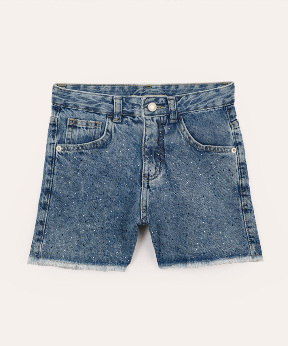 short jeans juvenil com brilhos azul