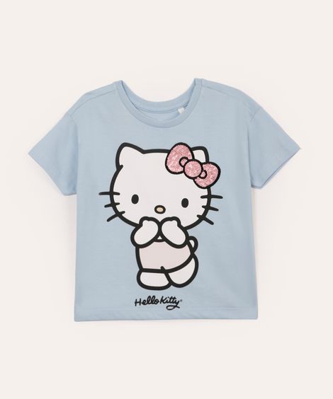 camiseta infantil de algodão hello kitty com paetê azul
