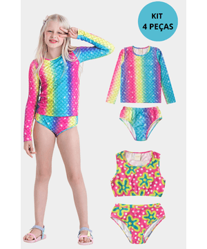 Kit 4 Peças Moda Praia Biquíni Infantil Menina Proteção UV Molekada Colorido