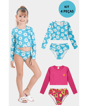 Kit 4 Peças Moda Praia Biquíni Infantil Menina Proteção UV Molekada Colorido