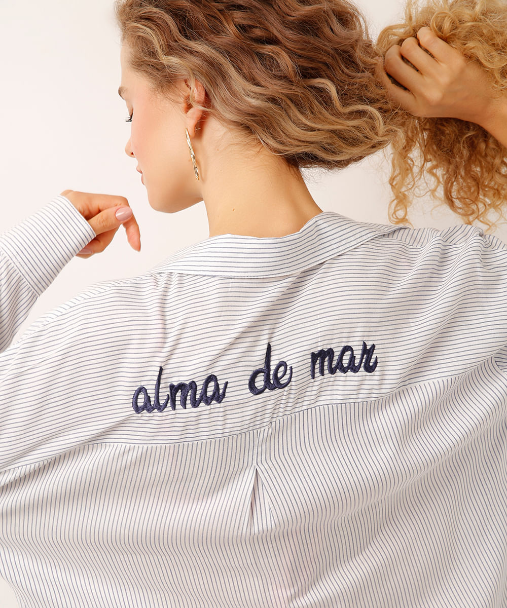 camisa saída de praia de viscose listrada azul