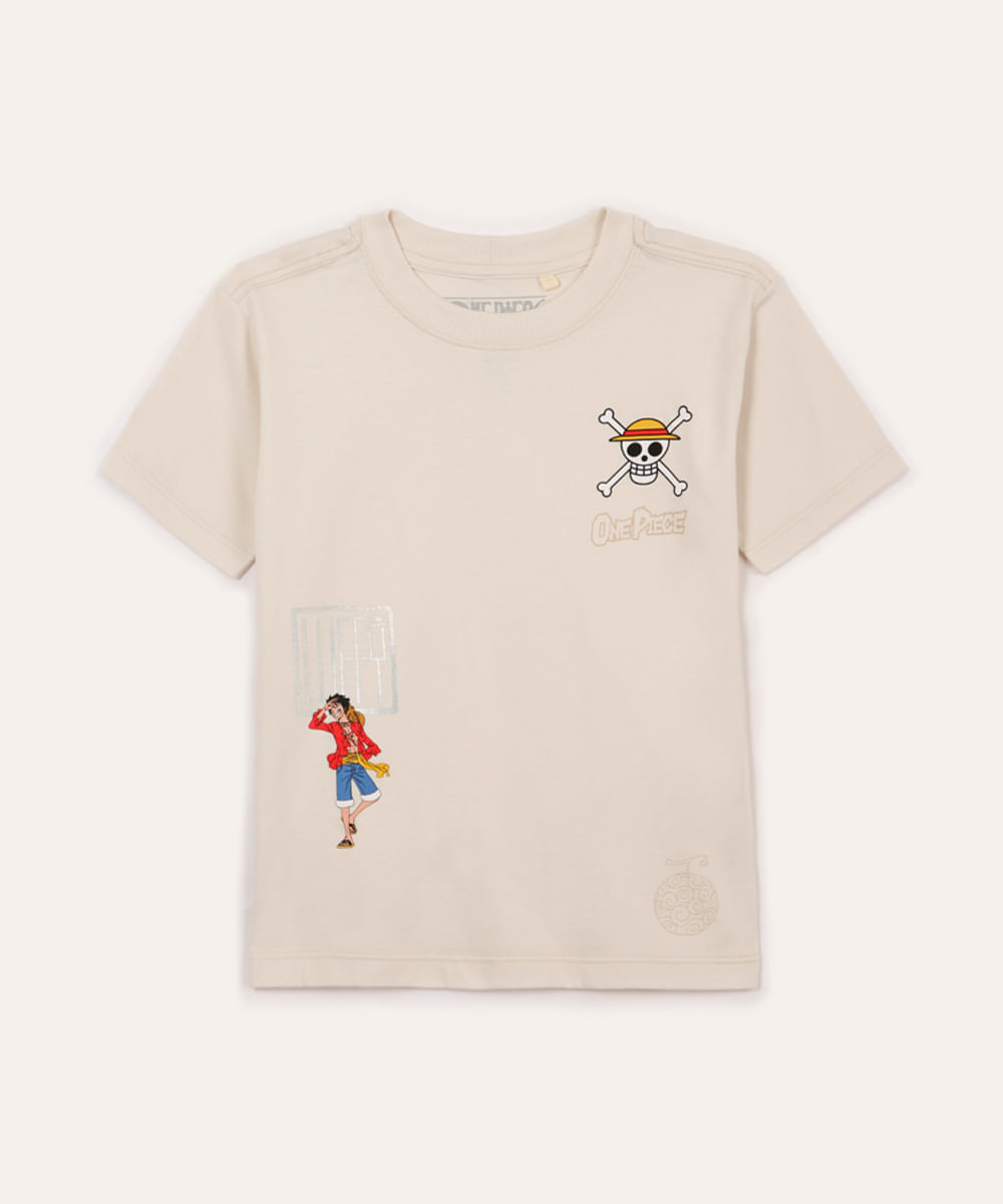 camiseta infantil de algodão one piece bege