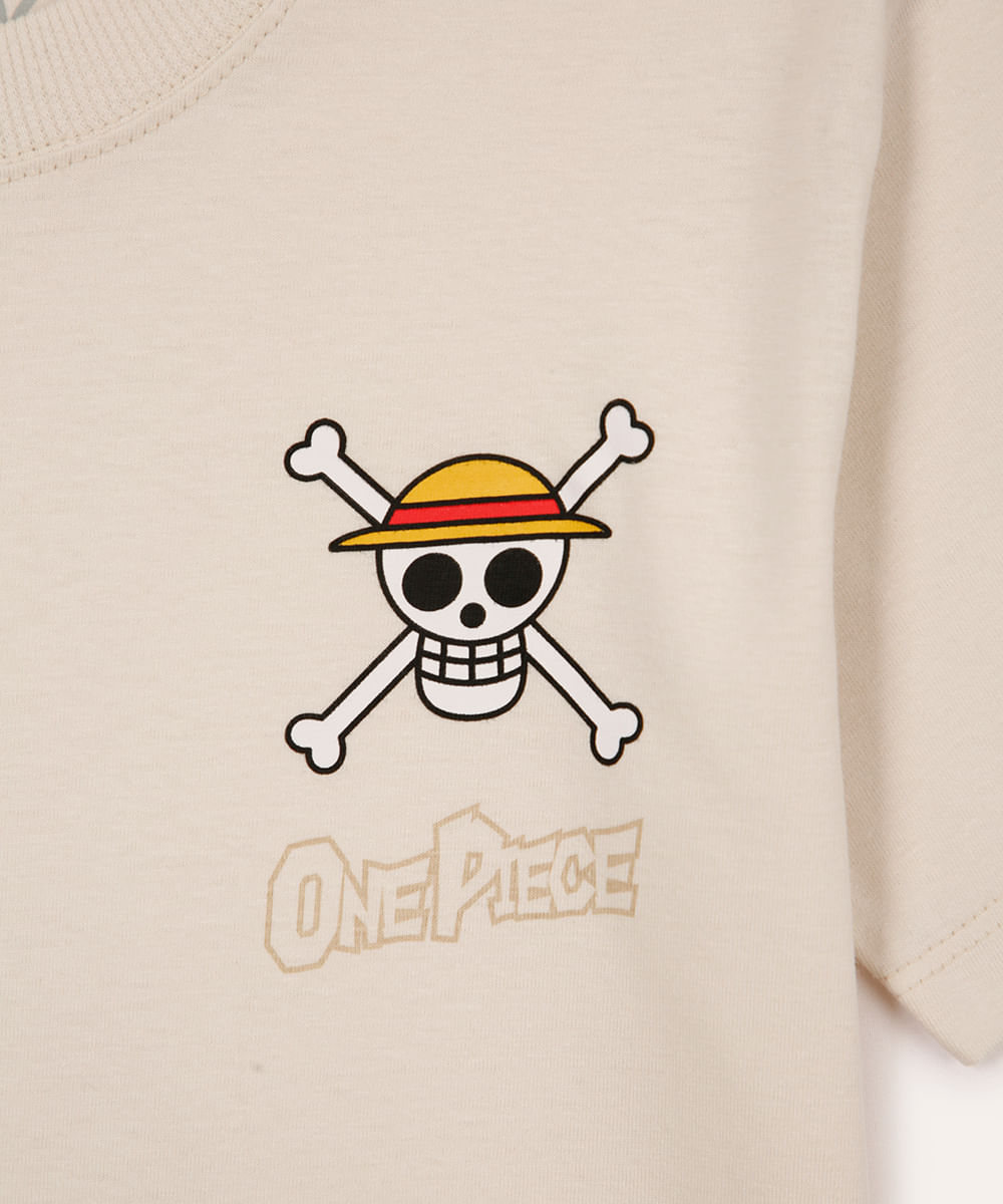 camiseta infantil de algodão one piece bege