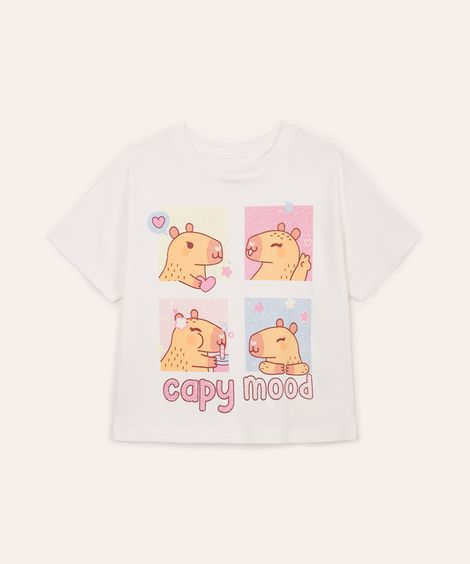 camiseta infantil de algodão capivaras com glitter off white