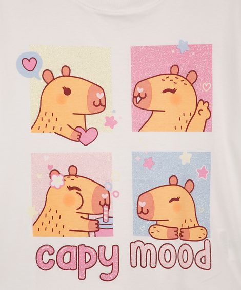 camiseta infantil de algodão capivaras com glitter off white