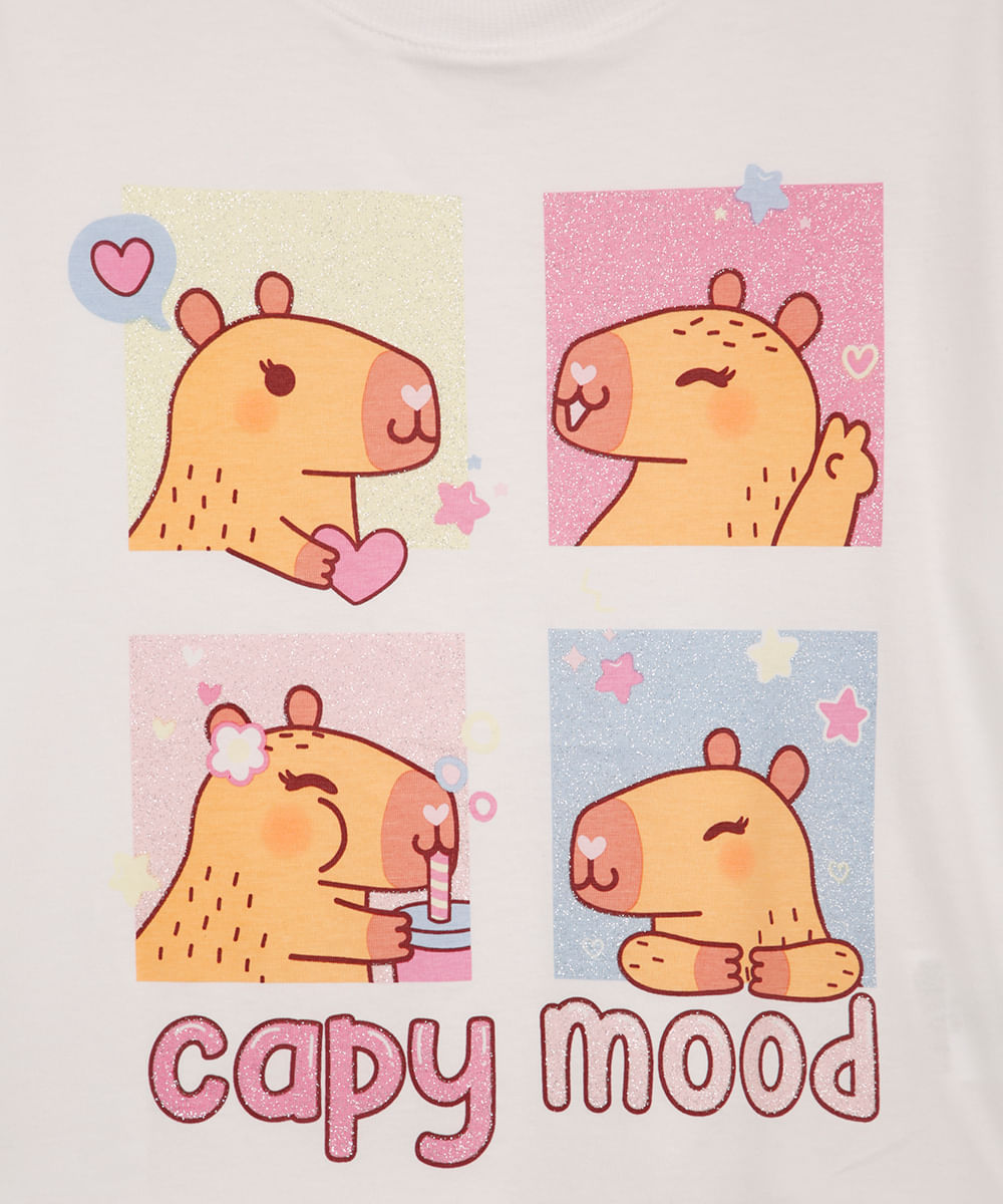 camiseta infantil de algodão capivaras com glitter off white