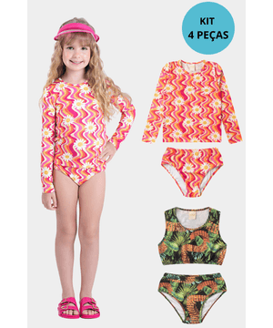 Kit 4 Peças Moda Praia Biquíni Infantil Menina Proteção UV Molekada Colorido