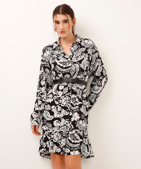 vestido chemise com cinto floral preto