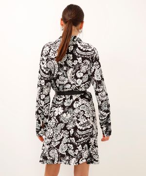 vestido chemise com cinto floral preto