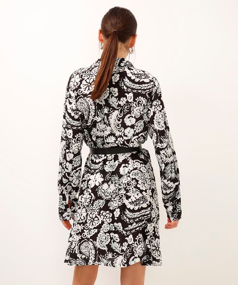 vestido chemise com cinto floral preto