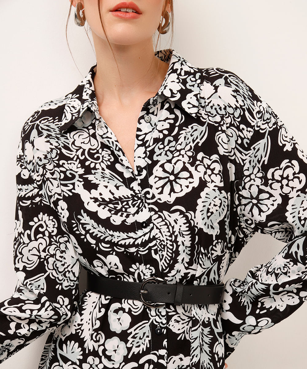 vestido chemise com cinto floral preto