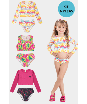 Kit 6 Peças Moda Praia Biquíni Infantil Menina Proteção UV Molekada Colorido