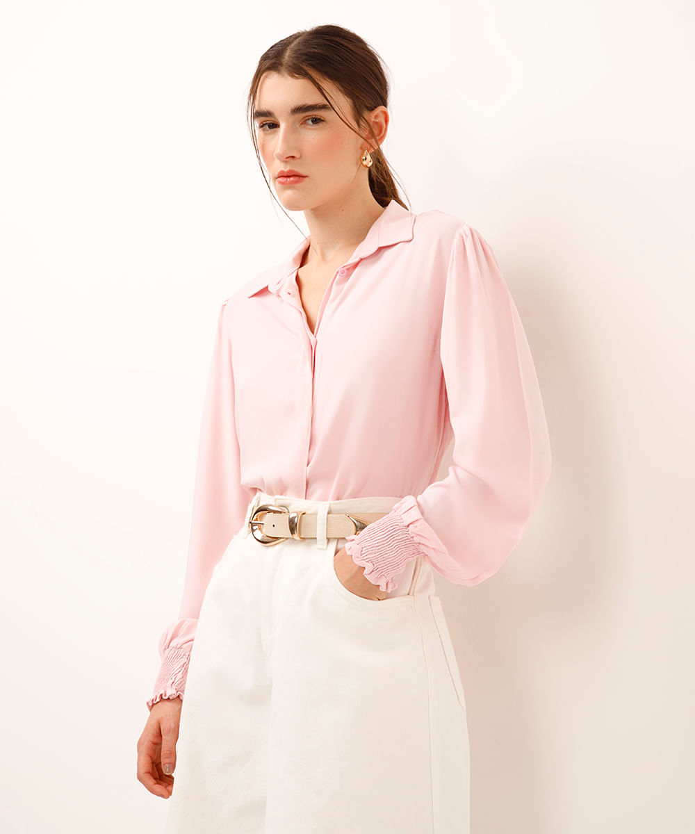 camisa de viscose com franzido rosa