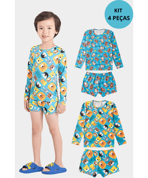 Kit 4 Peças Moda Praia Infantil Menino Proteção UV Molekada Colorido