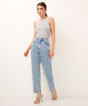 calça reta jeans com brilhos azul