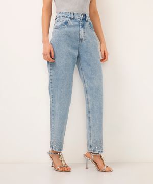 calça reta jeans com brilhos azul