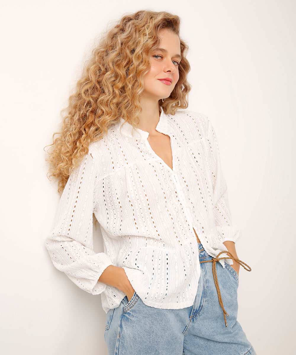 camisa de laise gola padre off white