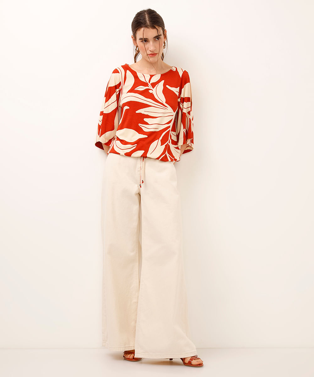 blusa de viscose com recorte folhagem laranja