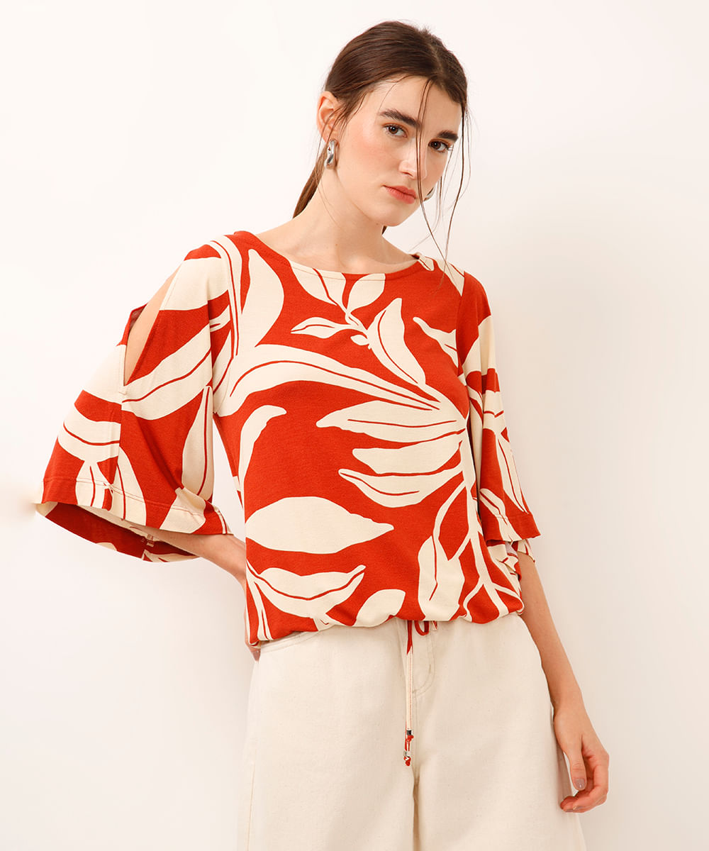 blusa de viscose com recorte folhagem laranja