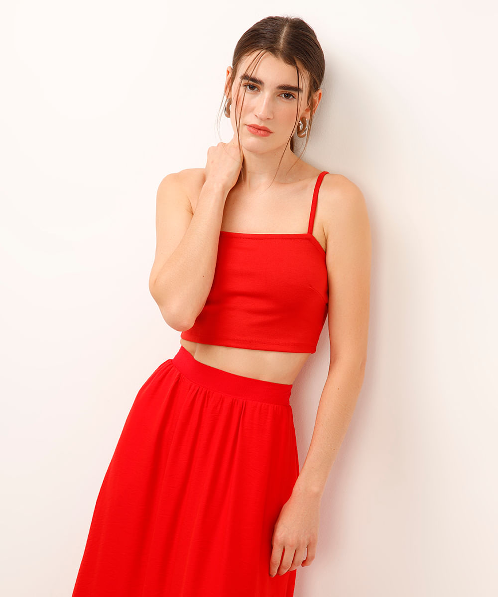 cropped alça fina decote quadrado - vermelho