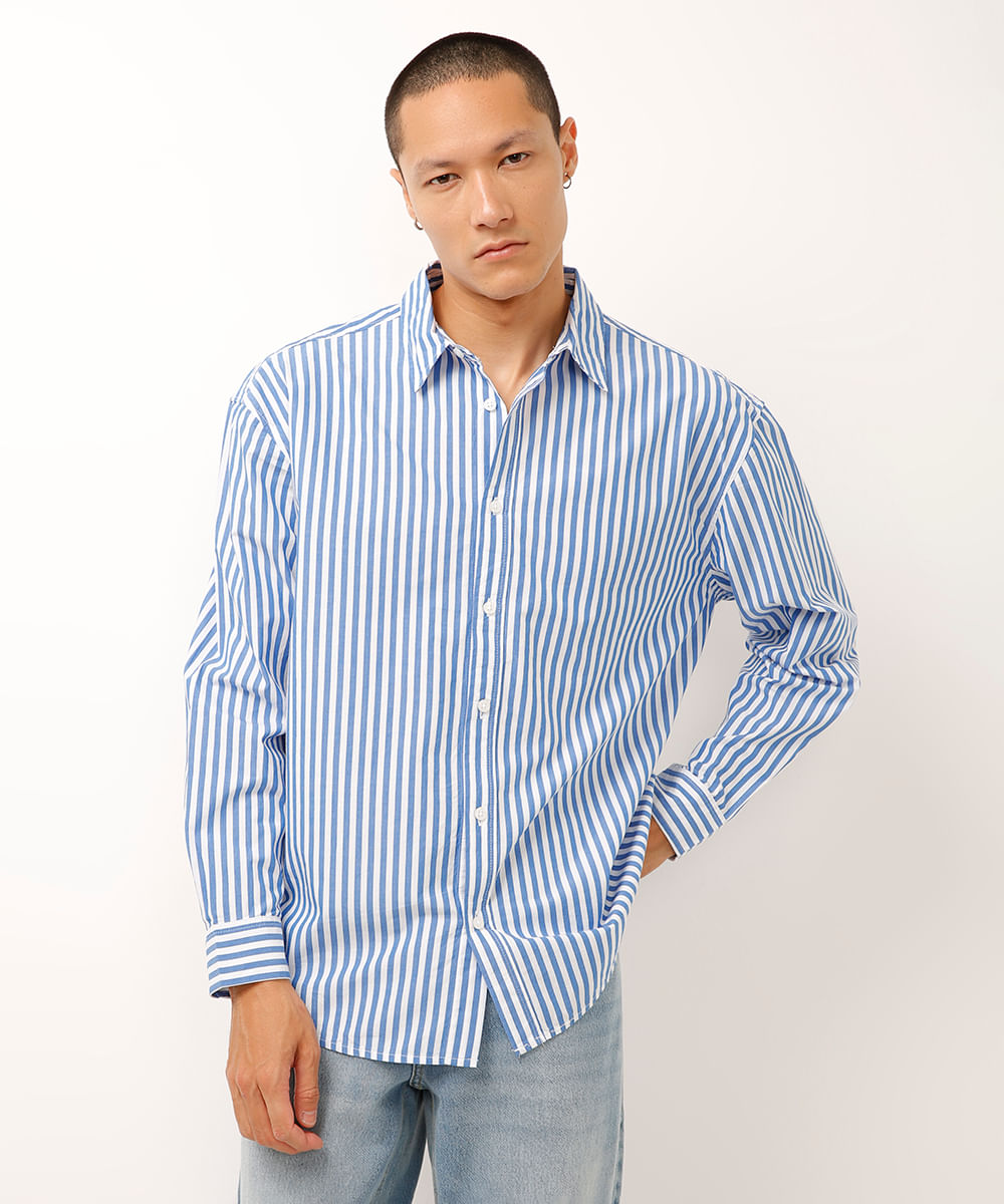 camisa oversized de algodão listrada azul