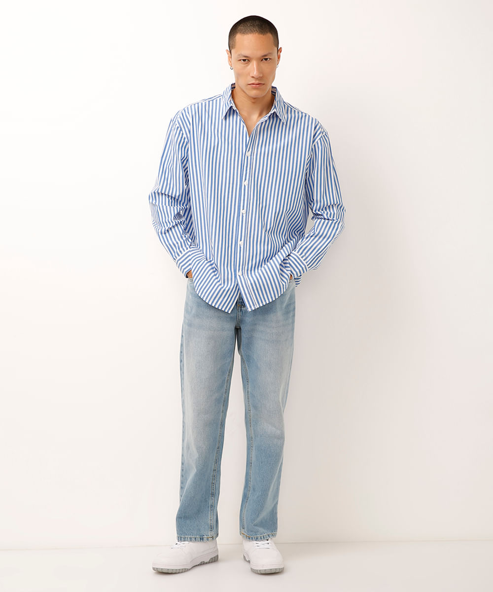camisa oversized de algodão listrada azul