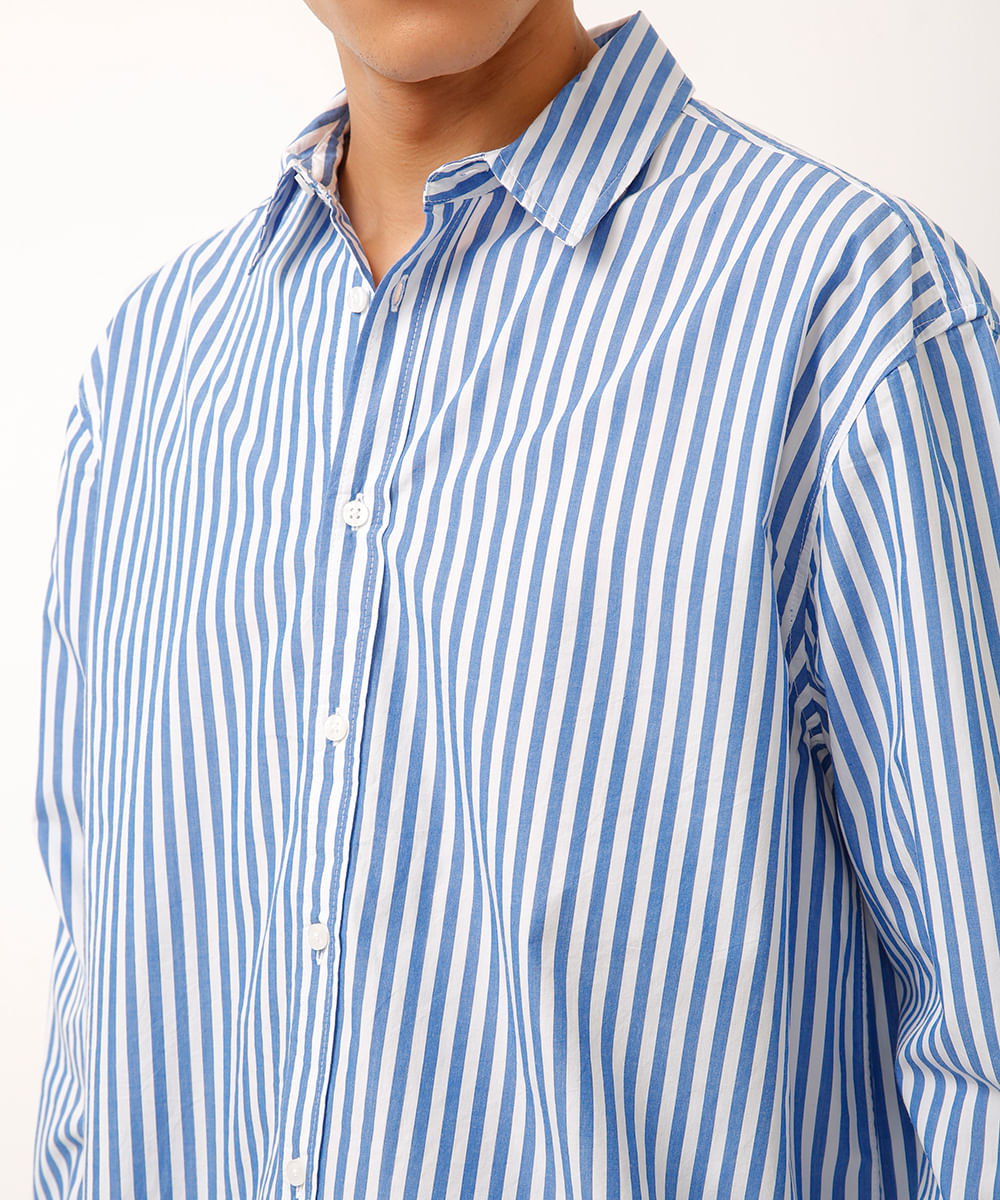 camisa oversized de algodão listrada azul