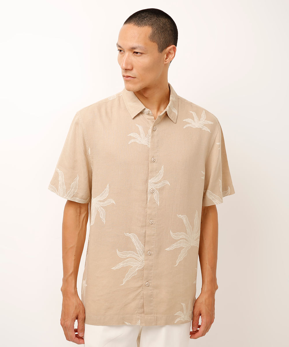camisa com linho folhagem bege