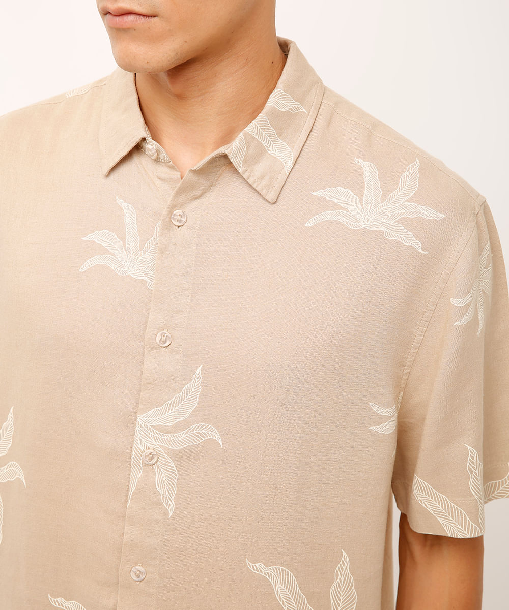 camisa com linho folhagem bege
