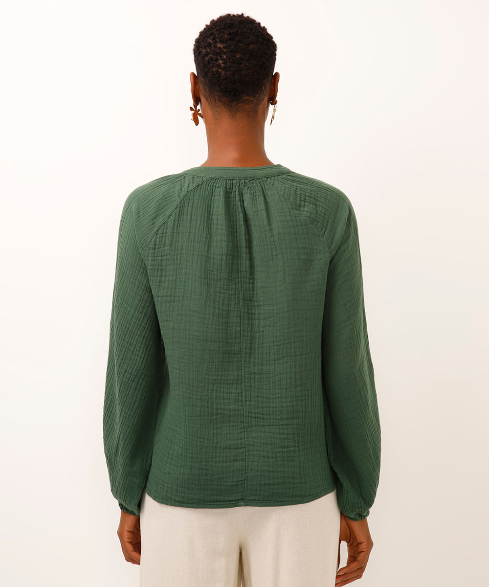 bata de algodão decote v manga longa verde