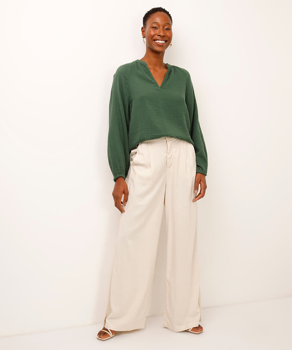 bata de algodão decote v manga longa verde