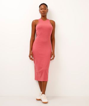 vestido básico midi decote halter neck rosa