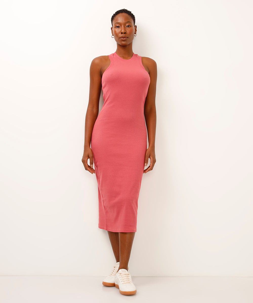 vestido básico midi decote halter neck rosa