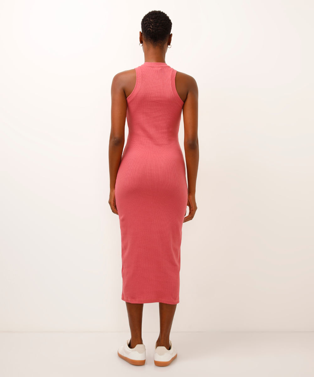 vestido básico midi decote halter neck rosa