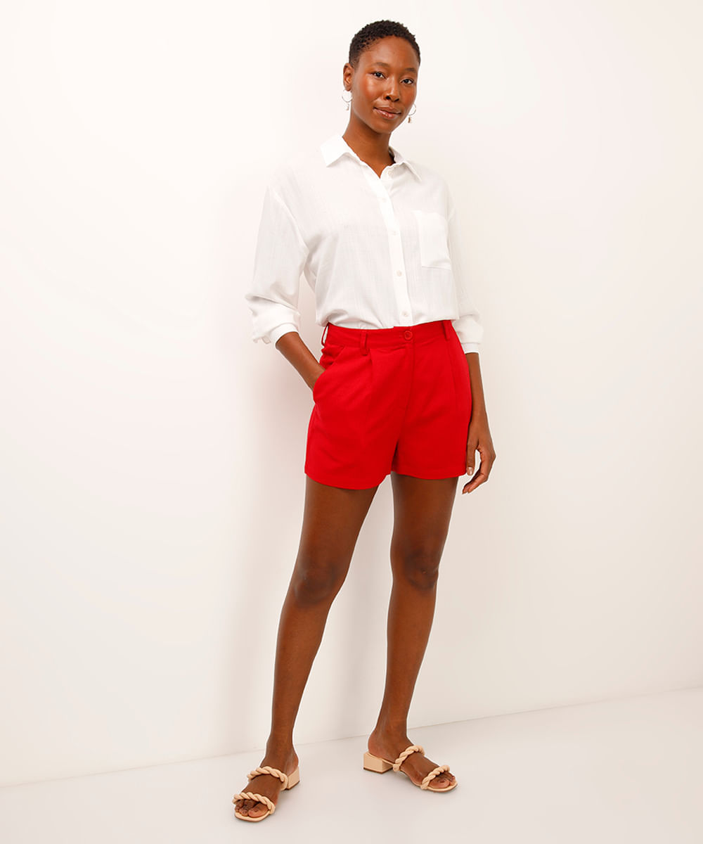 short alfaiataria com linho cintura alta vermelho
