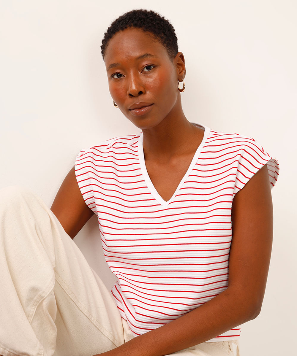 cropped de algodão listrado decote v vermelho