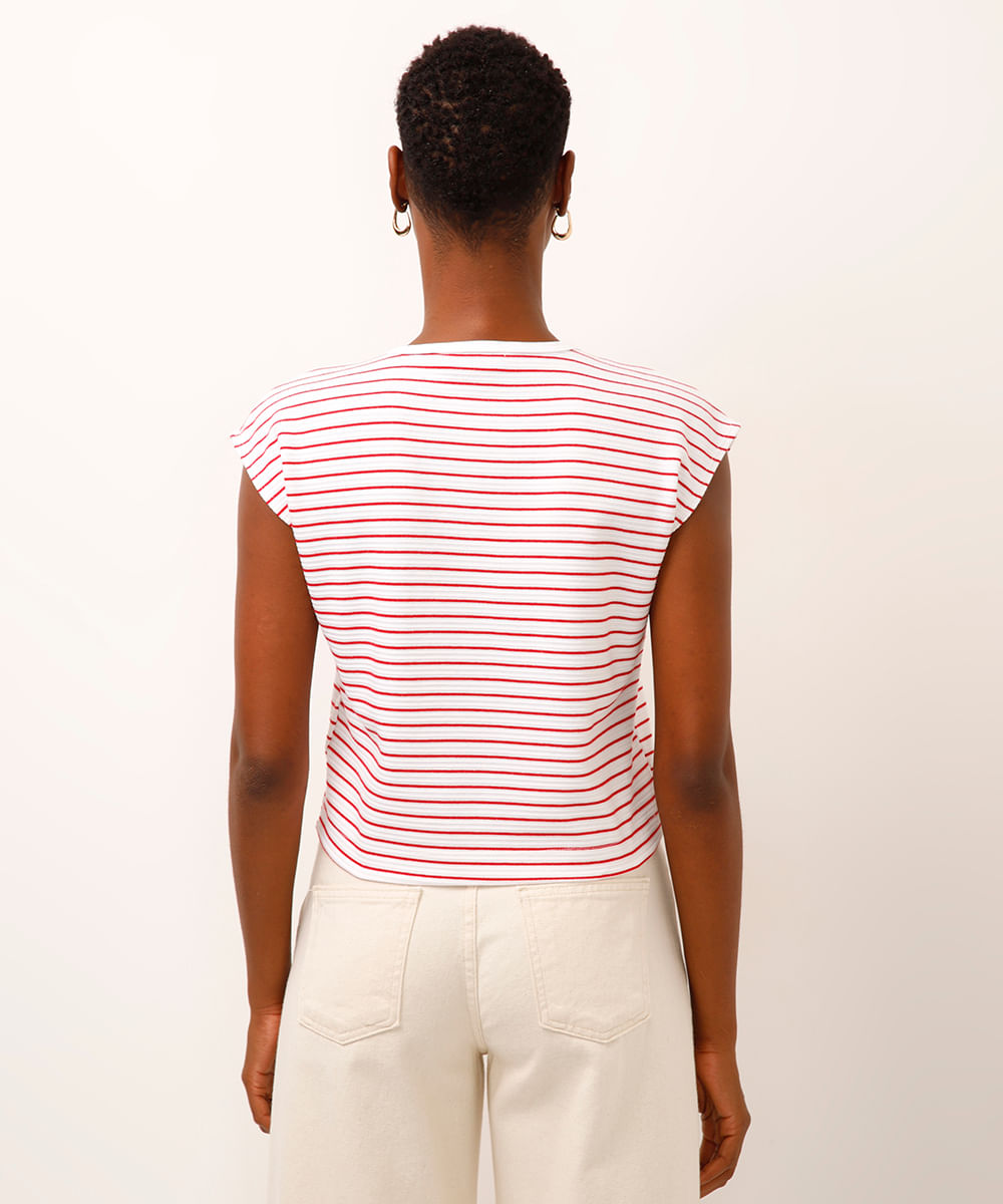 cropped de algodão listrado decote v vermelho