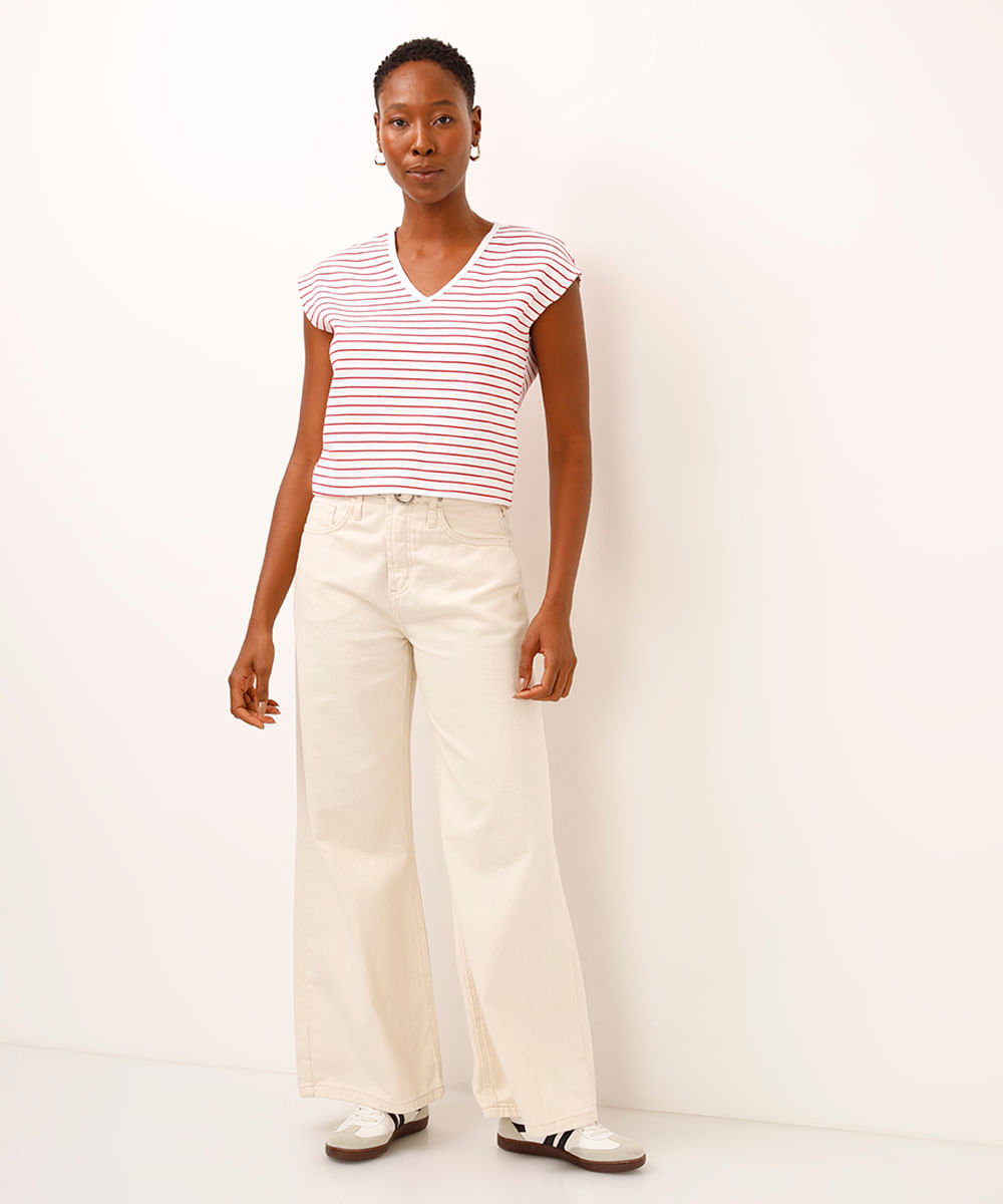 cropped de algodão listrado decote v vermelho