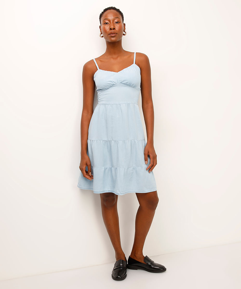 vestido curto jeans com recortes azul