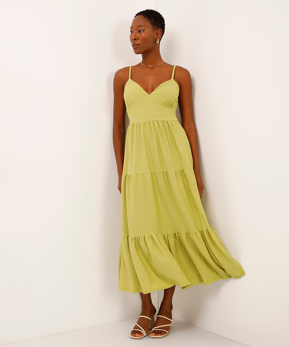 vestido midi com recorte texturizado verde