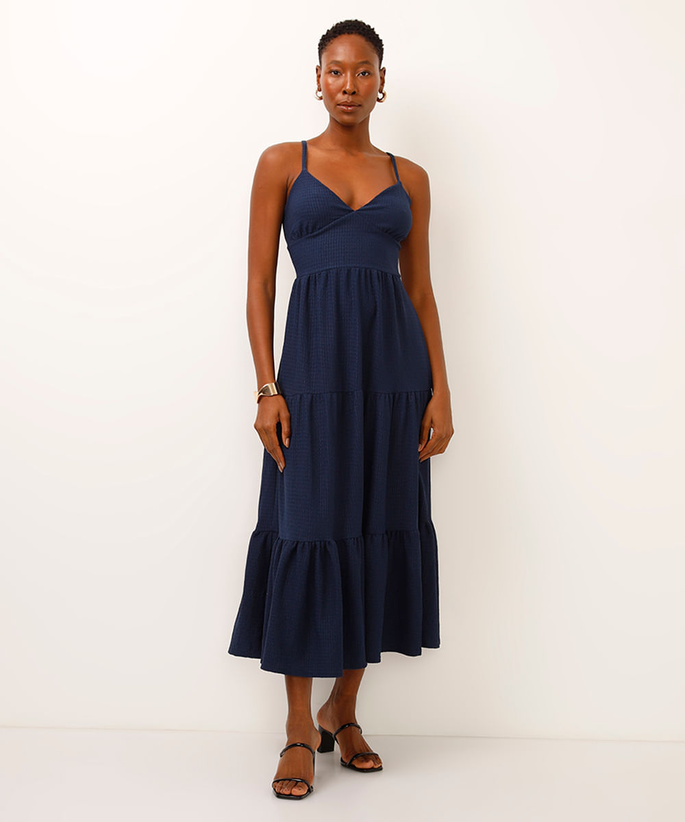 vestido midi com recorte texturizado azul