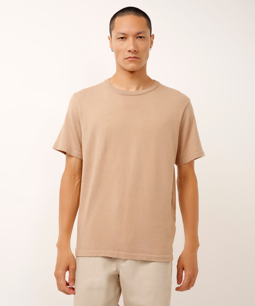 camiseta relaxed de tricot manga curta bege
