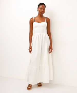 vestido midi de sarja com amarração off white