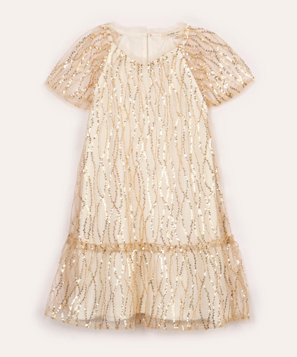 vestido de tule infantil com paetê dourado