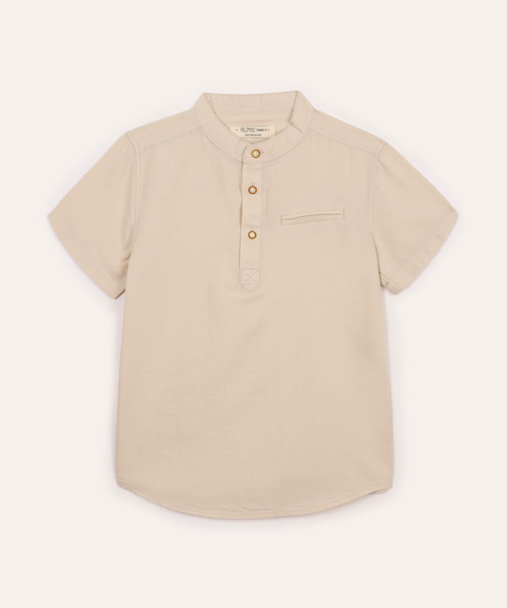 camisa com linho infantil manga curta bege
