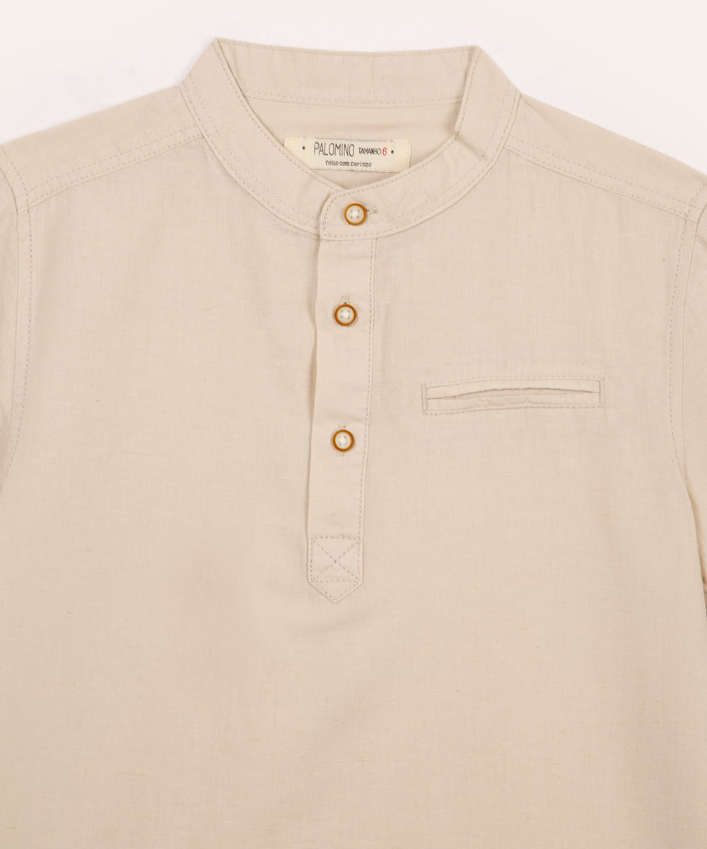 camisa com linho infantil manga curta bege