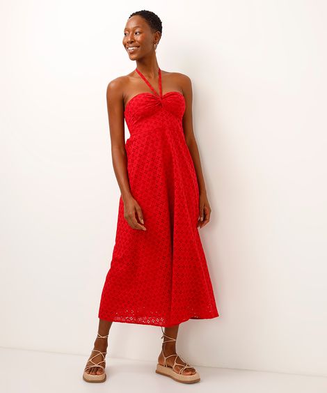 vestido midi de laise decote coração vermelho